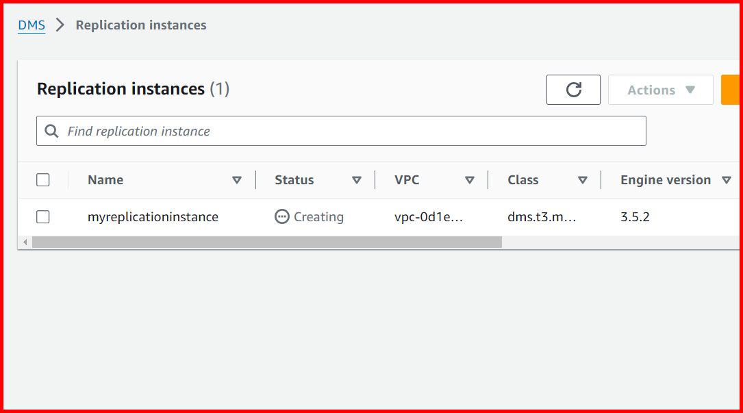 Picture showing the replication instance created with Creating status